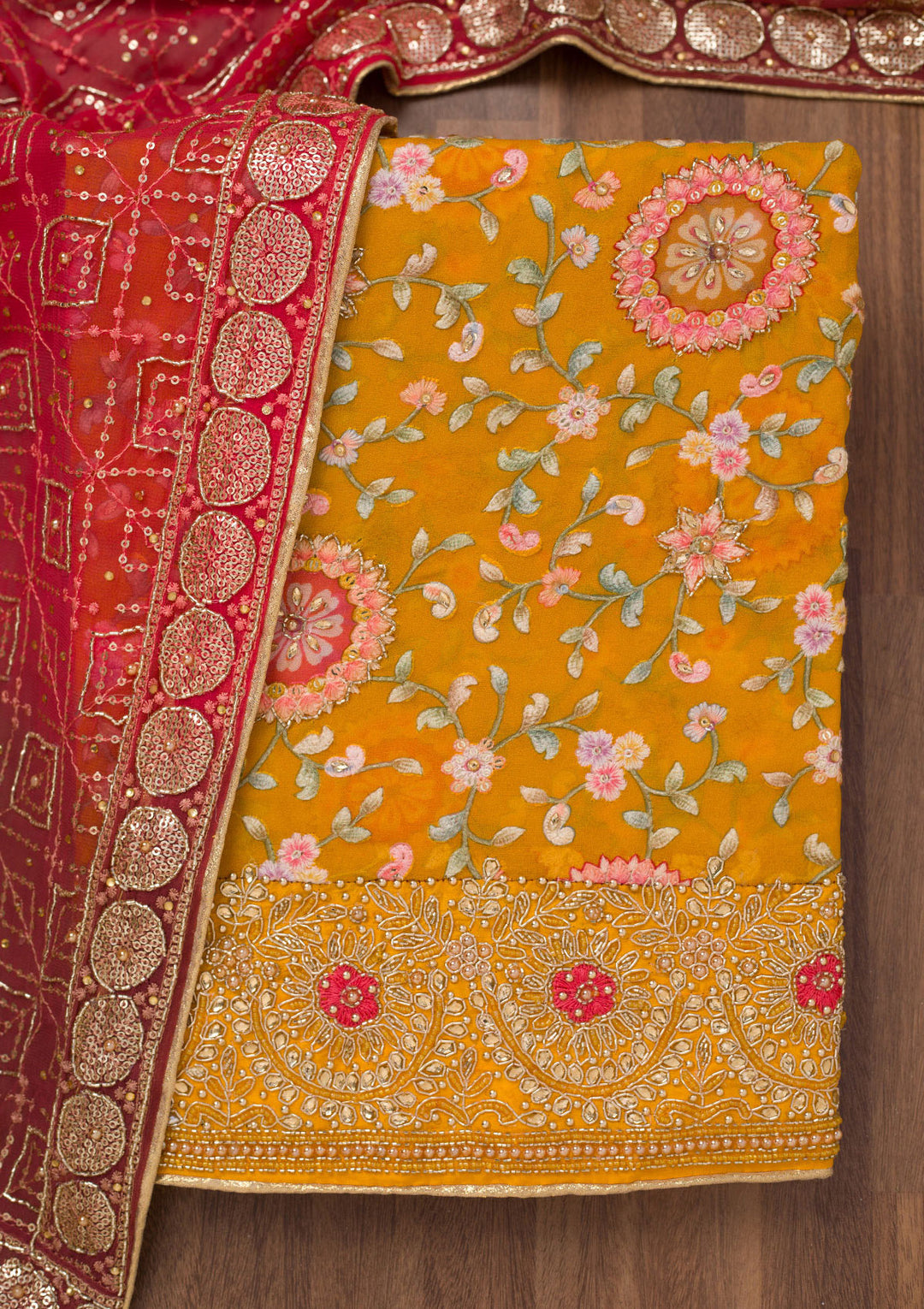 Mustard Yellow Crepe Gold Stonework Unstitched Dress Material With Matching Bottom And Dupatta