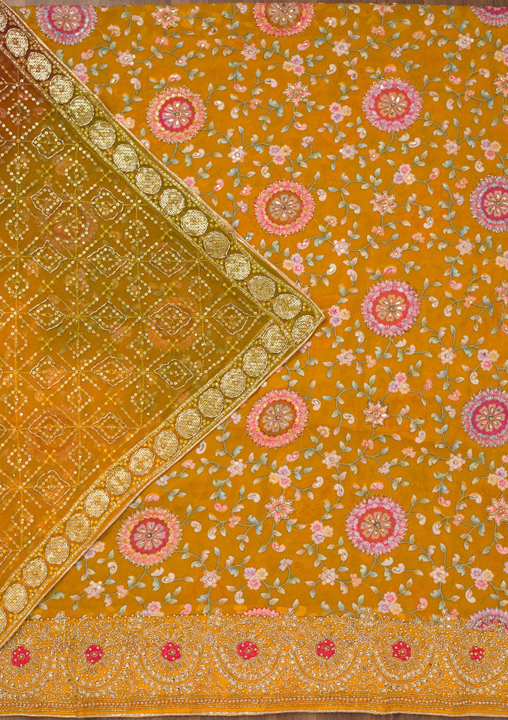 Mustard Yellow Crepe Gold Stonework Unstitched Dress Material With Matching Bottom And Dupatta