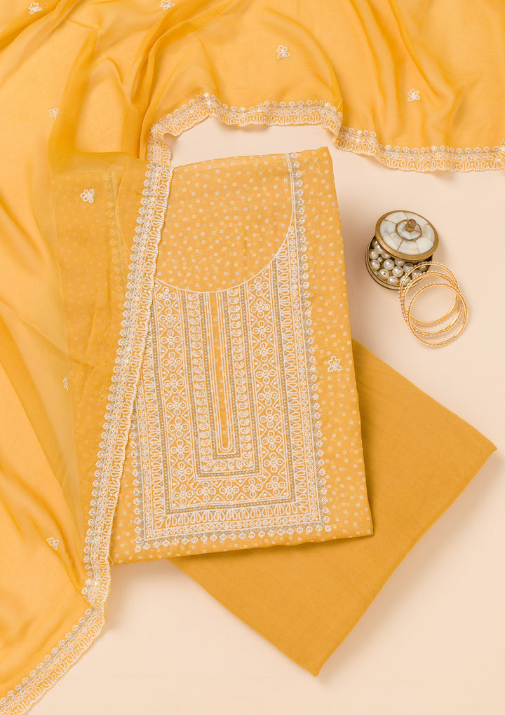 Mustard Yellow Tissue Threadwork Unstitched Dress Material With Matching Bottom And Dupatta