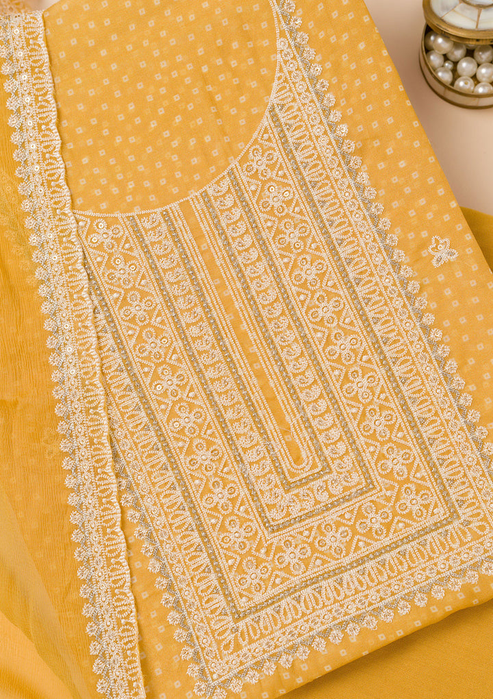 Mustard Yellow Tissue Threadwork Unstitched Dress Material With Matching Bottom And Dupatta