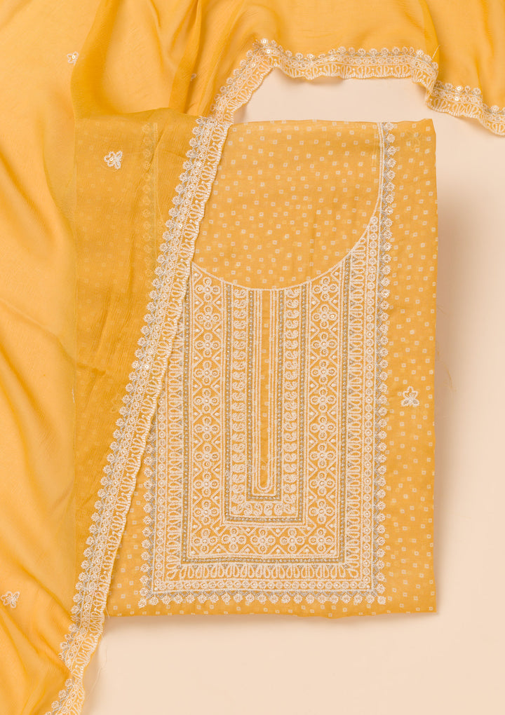 Mustard Yellow Tissue Threadwork Unstitched Dress Material With Matching Bottom And Dupatta