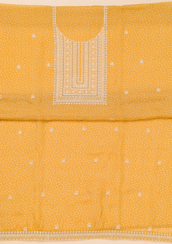 Mustard Yellow Tissue Threadwork Unstitched Dress Material With Matching Bottom And Dupatta