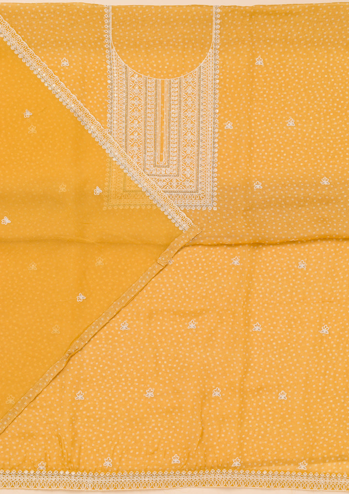Mustard Yellow Tissue Threadwork Unstitched Dress Material With Matching Bottom And Dupatta