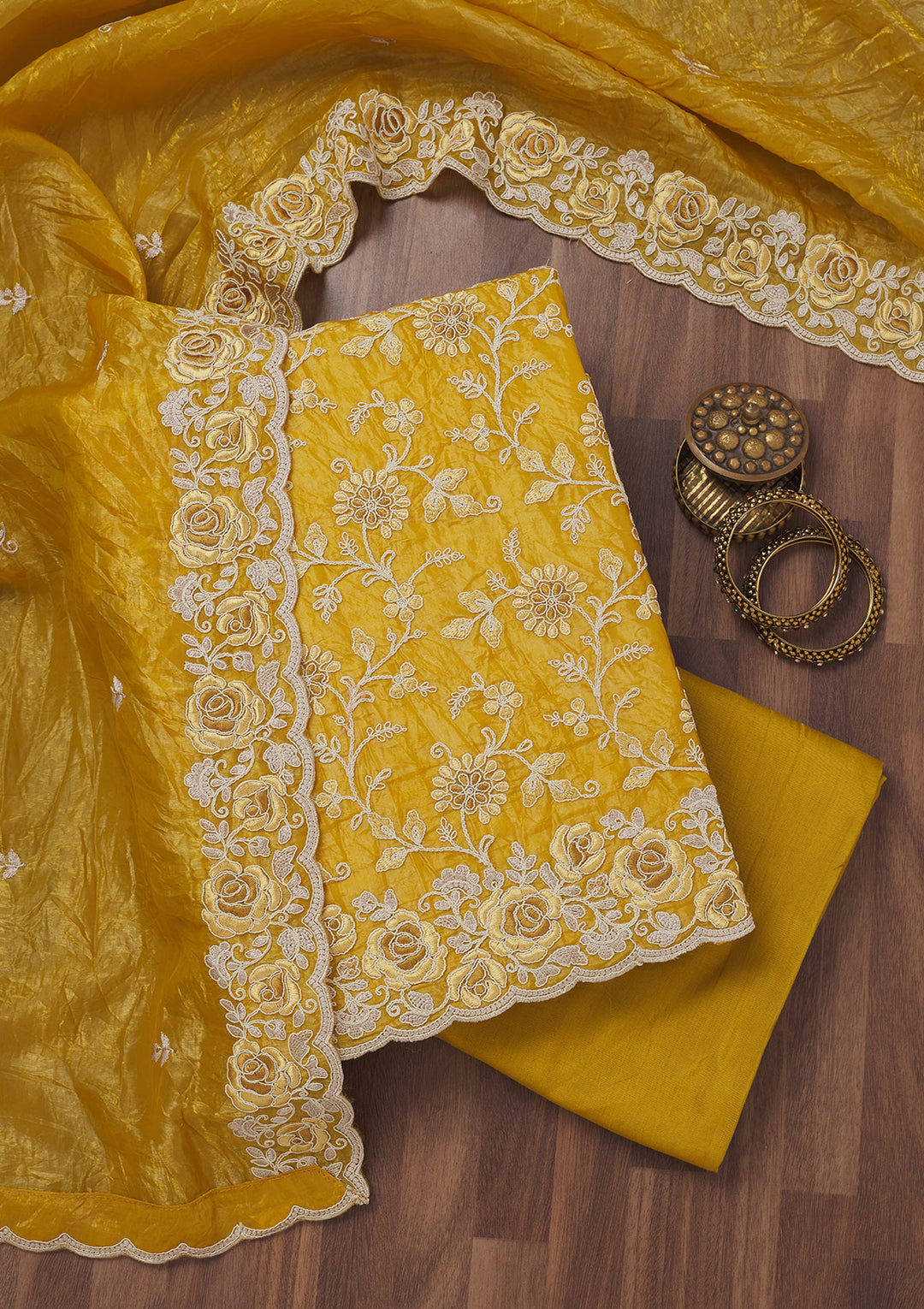 Mustard Yellow Tissue Threadwork Unstitched Dress Material With Matching Bottom And Dupatta