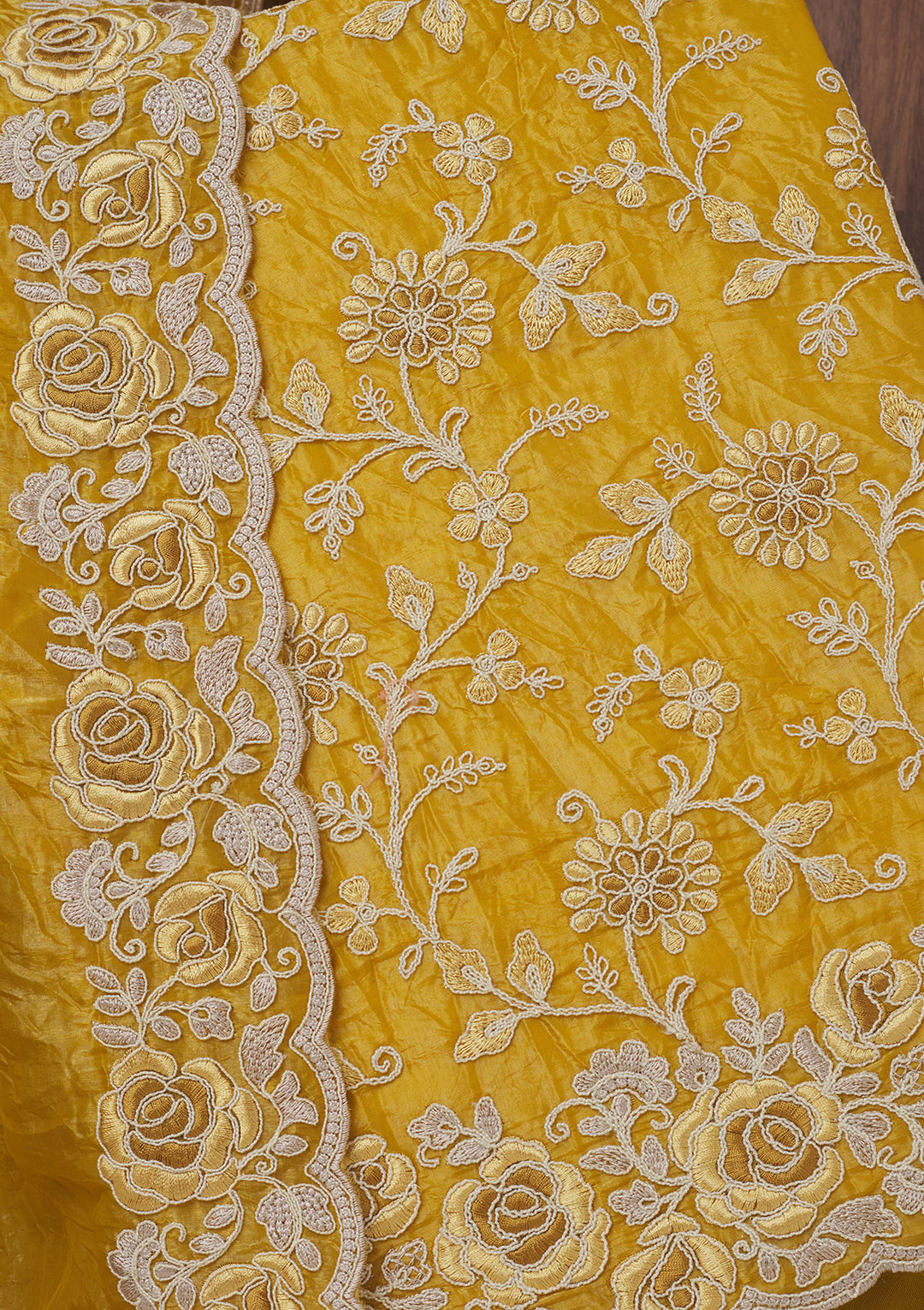 Mustard Yellow Tissue Threadwork Unstitched Dress Material With Matching Bottom And Dupatta