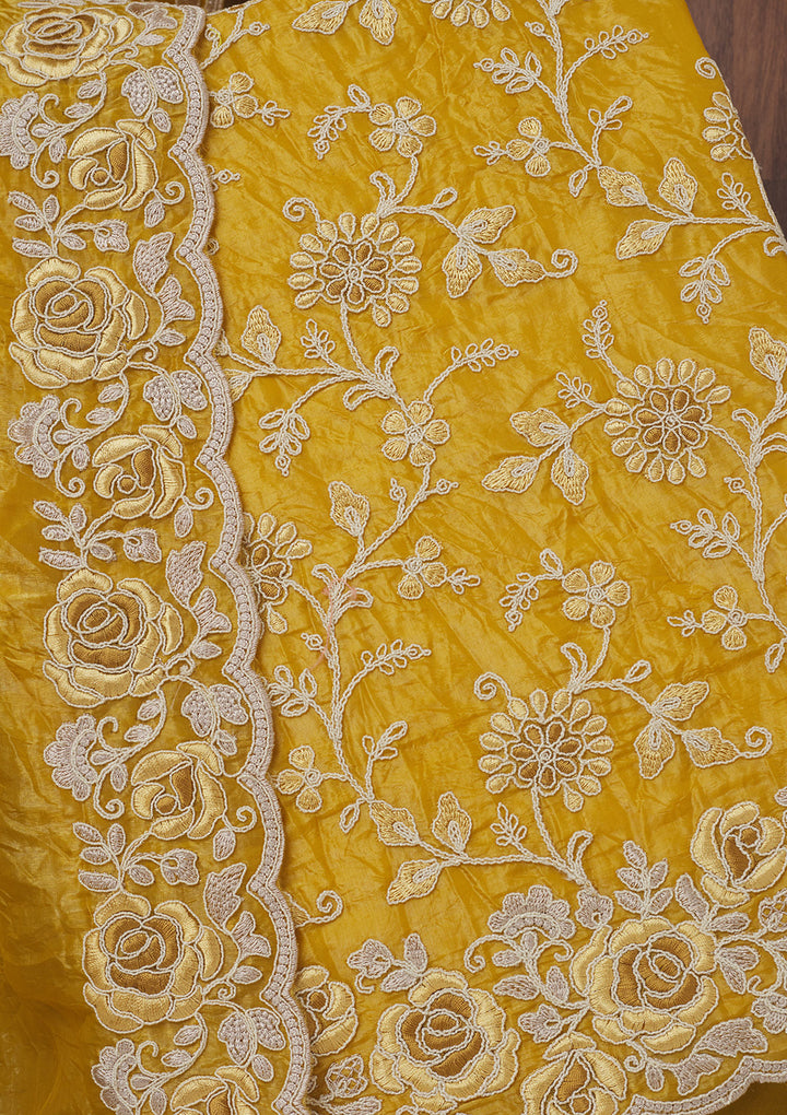 Mustard Yellow Tissue Threadwork Unstitched Dress Material With Matching Bottom And Dupatta