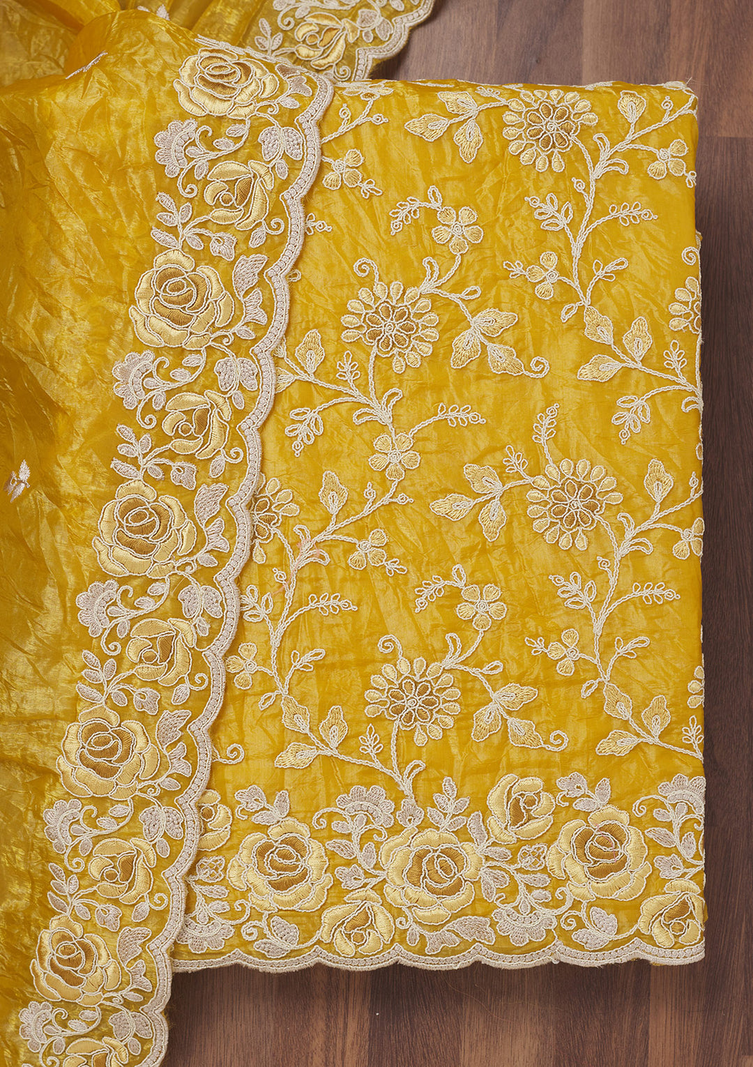 Mustard Yellow Tissue Threadwork Unstitched Dress Material With Matching Bottom And Dupatta