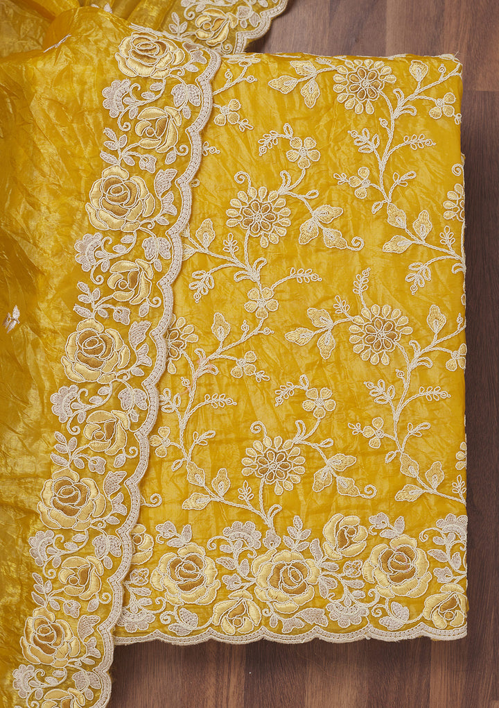 Mustard Yellow Tissue Threadwork Unstitched Dress Material With Matching Bottom And Dupatta