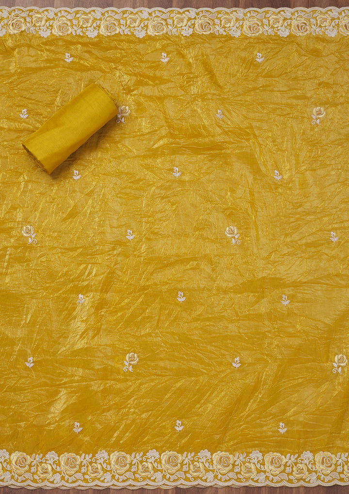 Mustard Yellow Tissue Threadwork Unstitched Dress Material With Matching Bottom And Dupatta