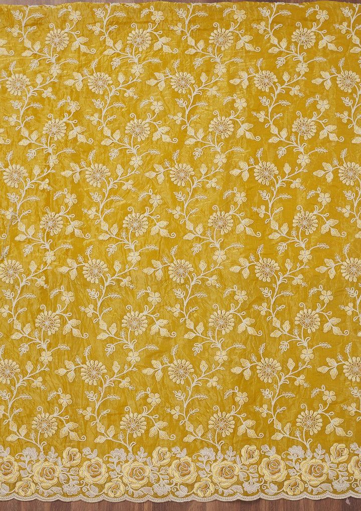 Mustard Yellow Tissue Threadwork Unstitched Dress Material With Matching Bottom And Dupatta