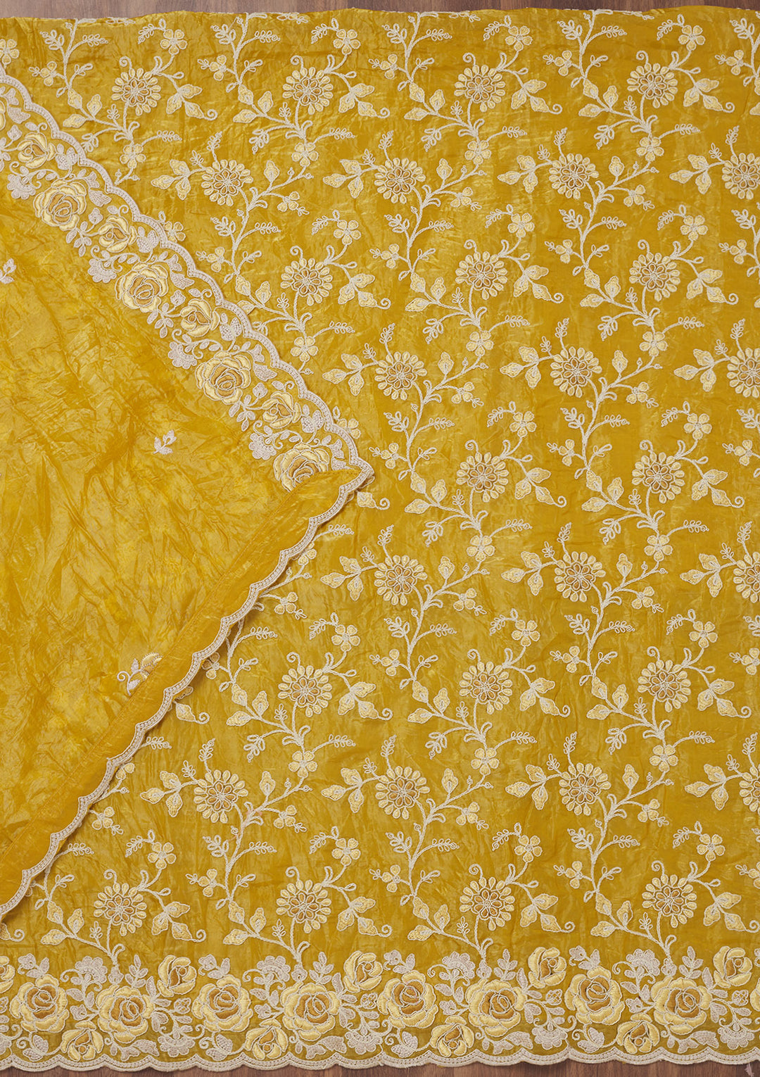 Mustard Yellow Tissue Threadwork Unstitched Dress Material With Matching Bottom And Dupatta