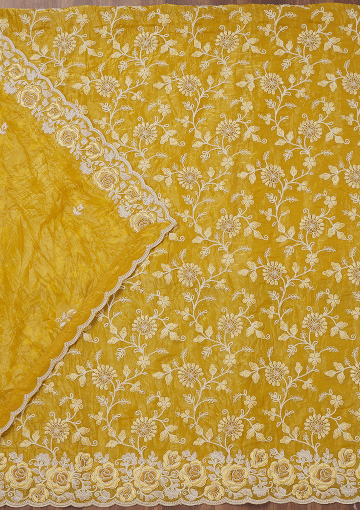 Mustard Yellow Tissue Threadwork Unstitched Dress Material With Matching Bottom And Dupatta
