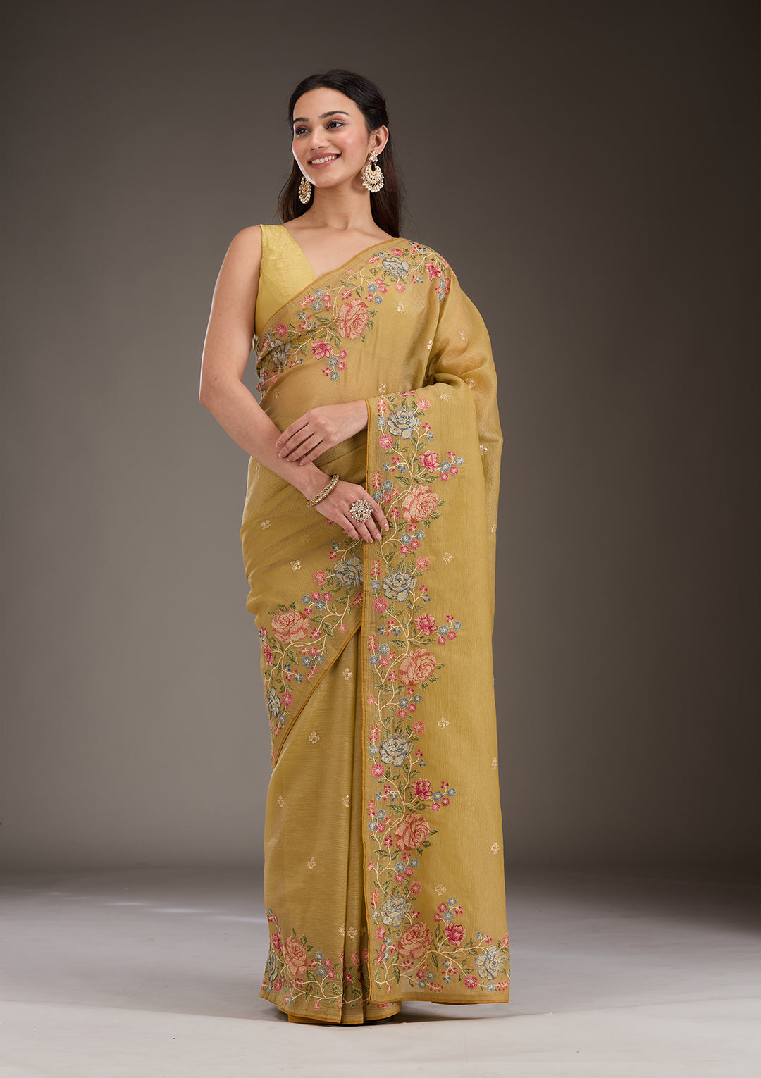 Mustard Threadwork Tissue Saree