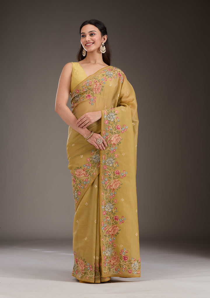 Mustard Threadwork Tissue Saree