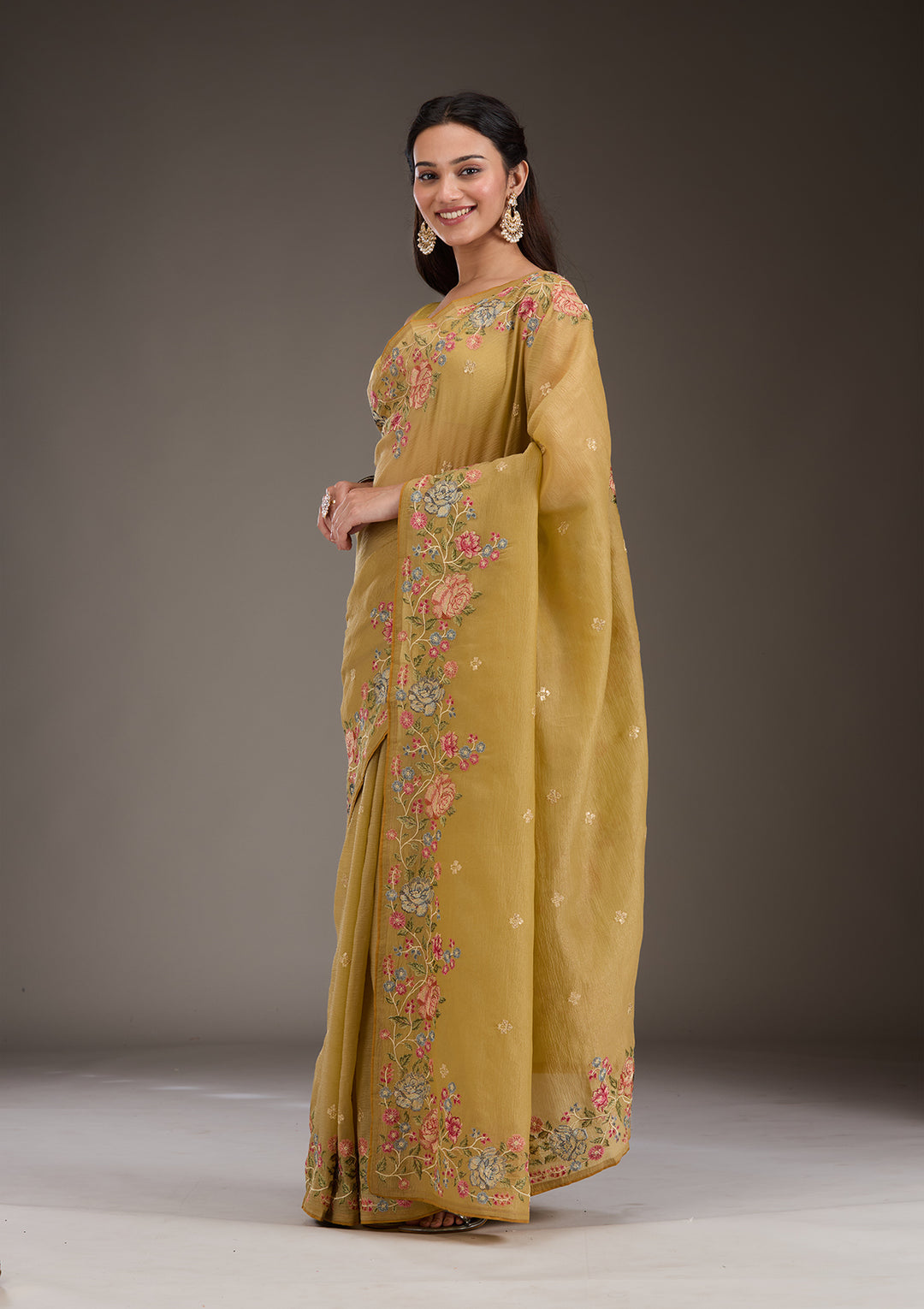 Mustard Threadwork Tissue Saree
