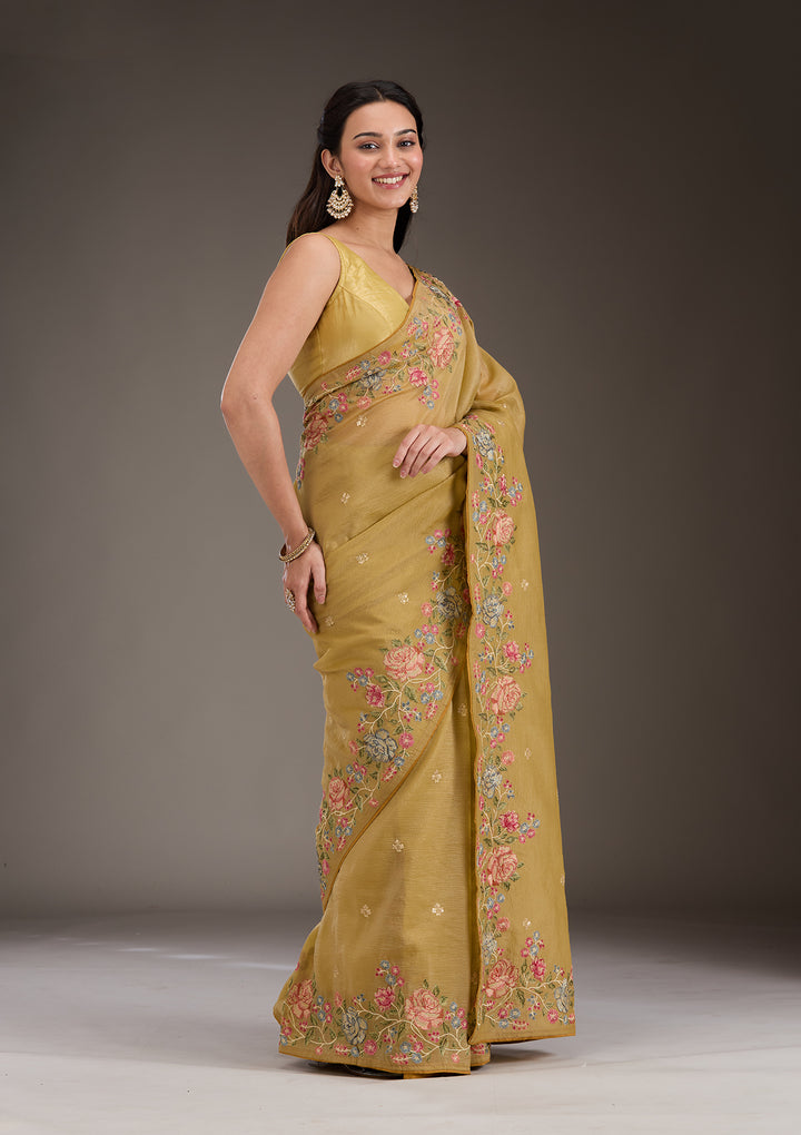Mustard Threadwork Tissue Saree