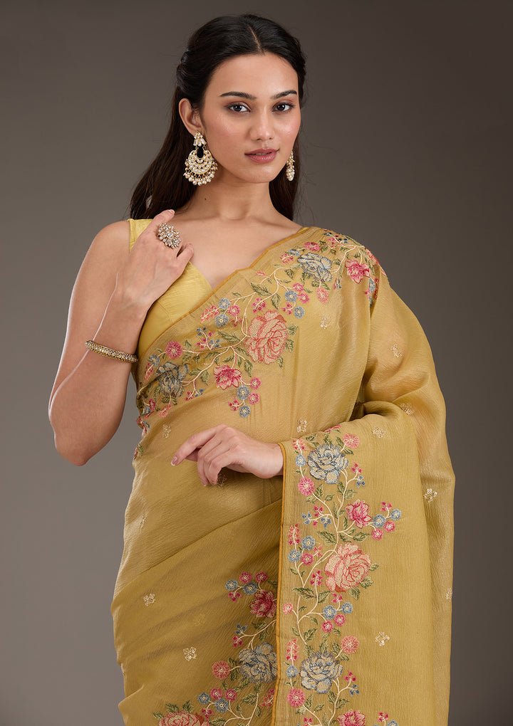 Mustard Threadwork Tissue Saree