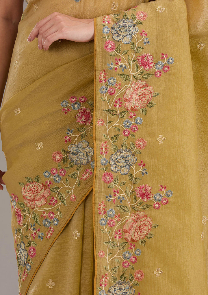 Mustard Threadwork Tissue Saree