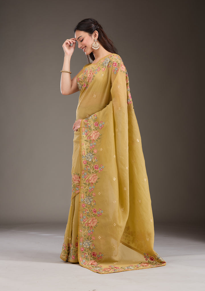 Mustard Threadwork Tissue Saree