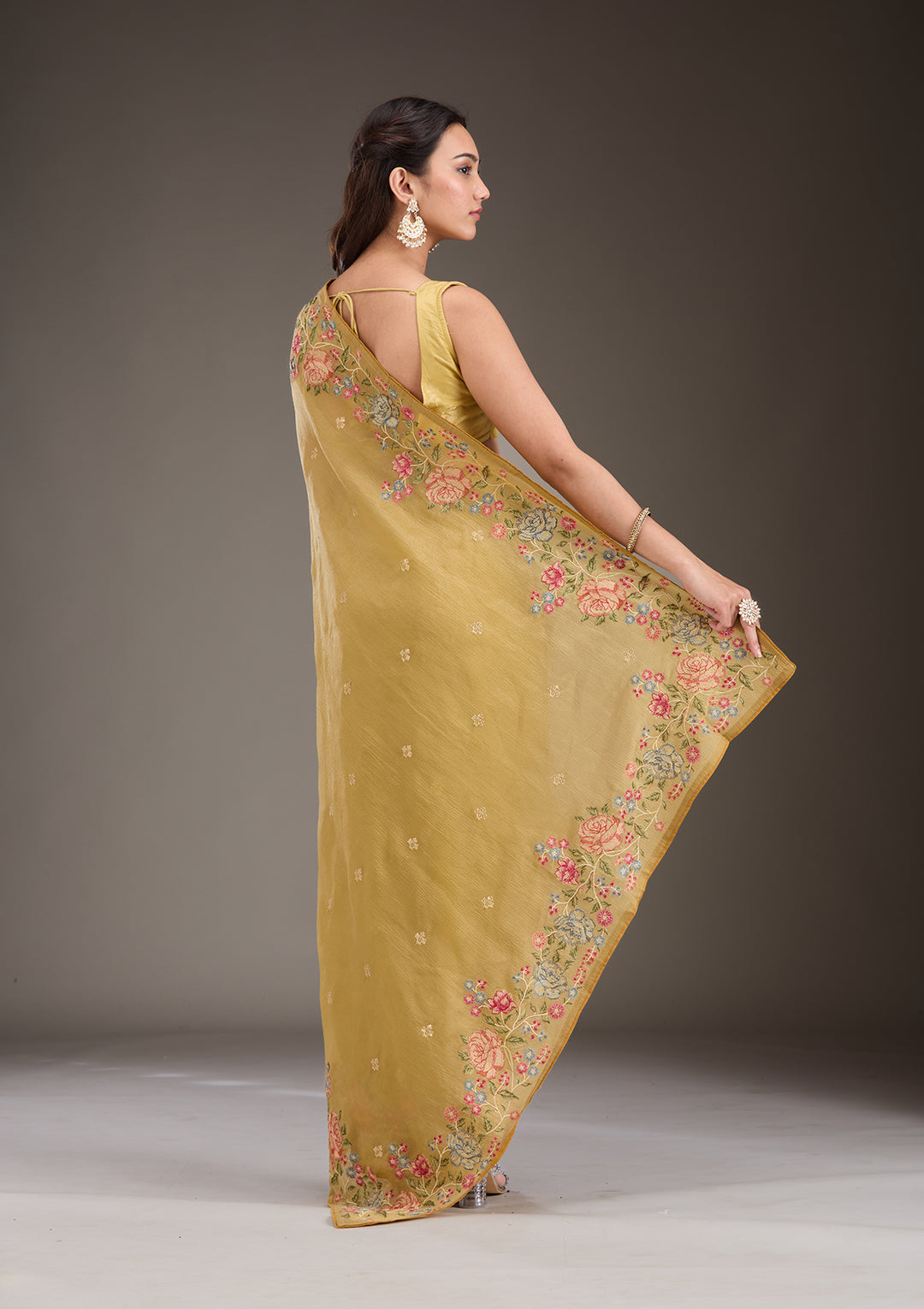 Mustard Threadwork Tissue Saree
