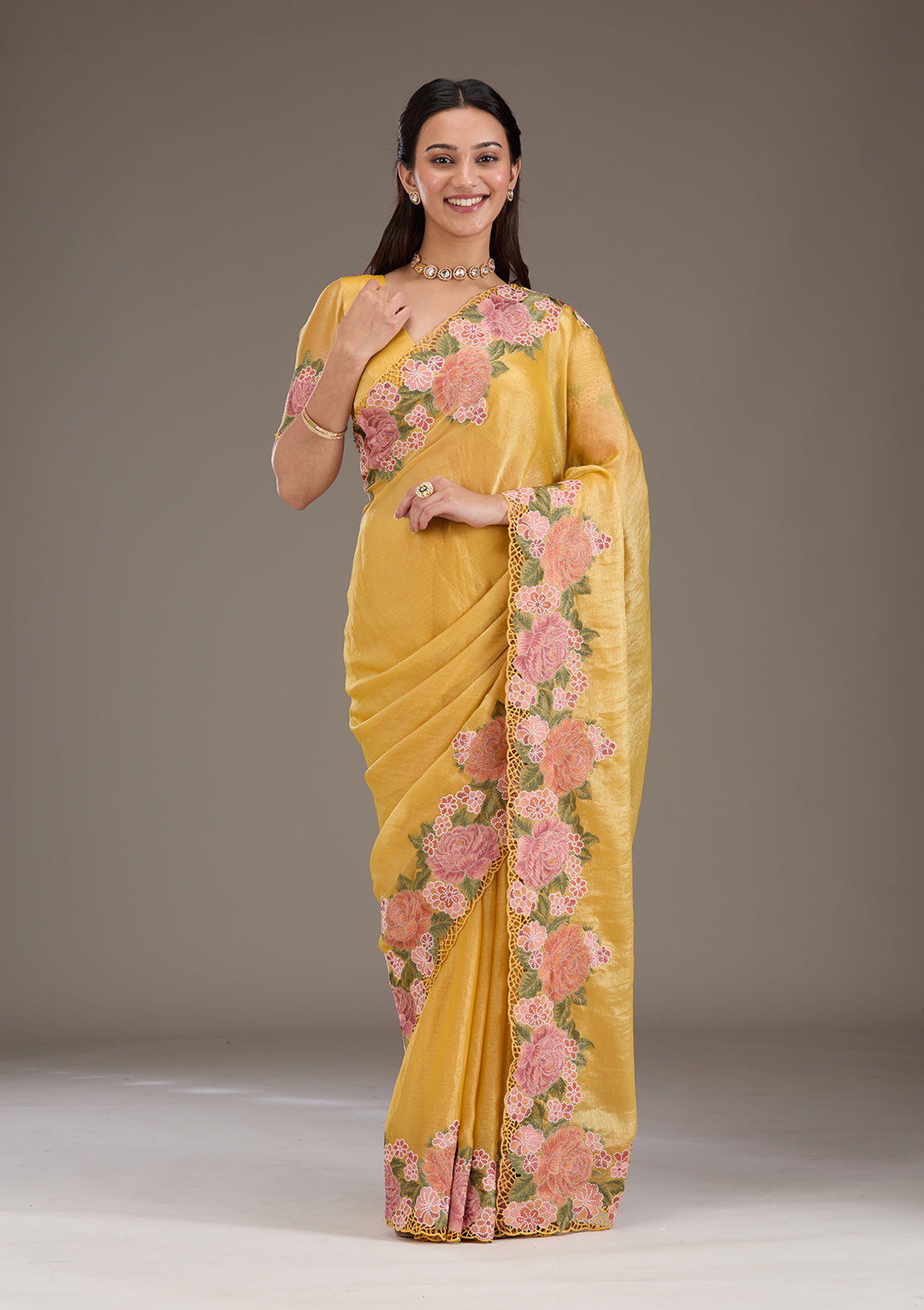 Mustard Threadwork Tissue Saree