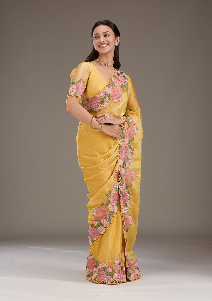 Mustard Threadwork Tissue Saree