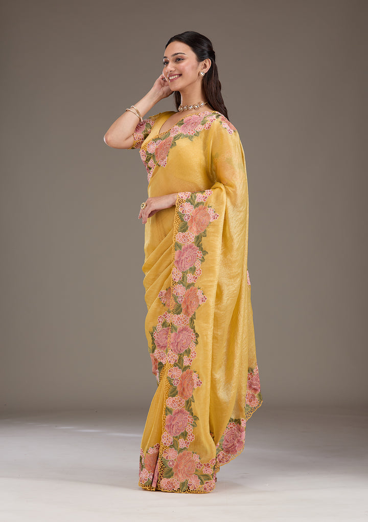 Mustard Threadwork Tissue Saree