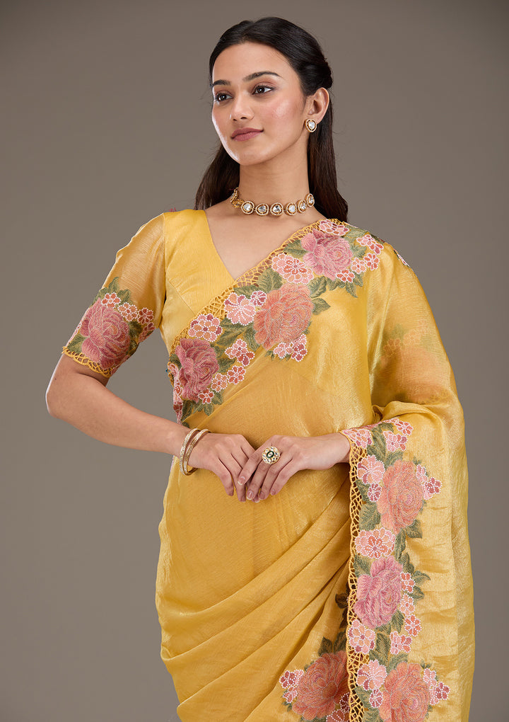 Mustard Threadwork Tissue Saree