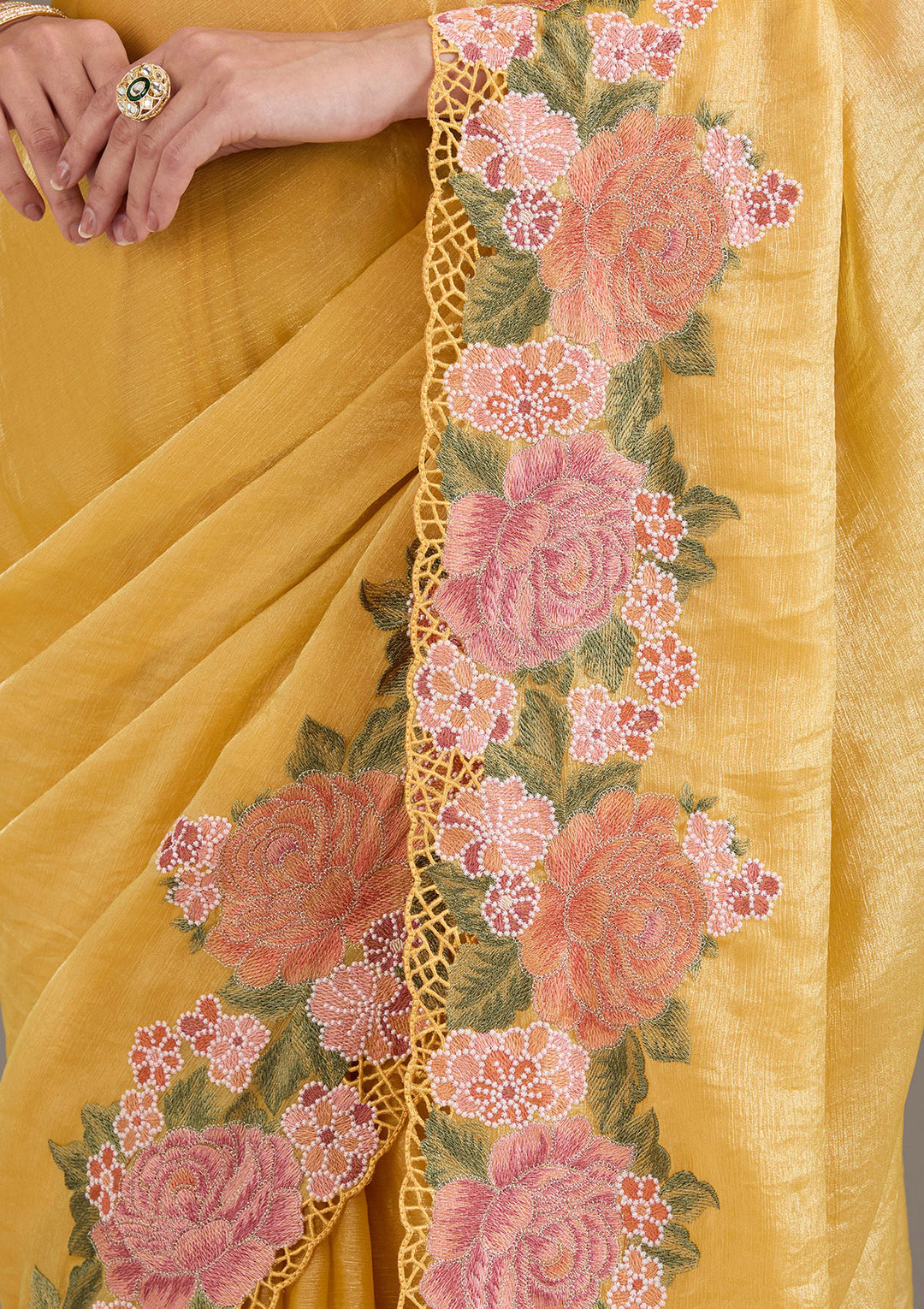 Mustard Threadwork Tissue Saree