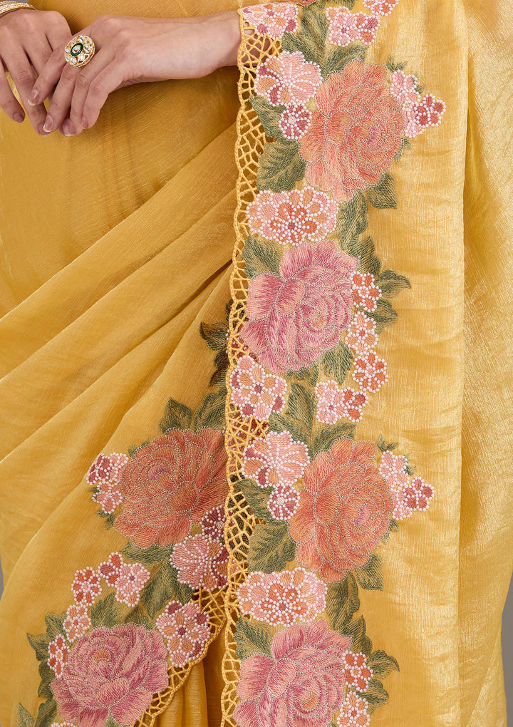 Mustard Threadwork Tissue Saree