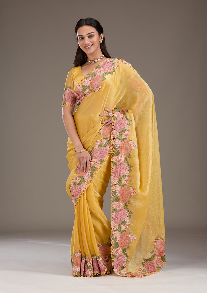 Mustard Threadwork Tissue Saree
