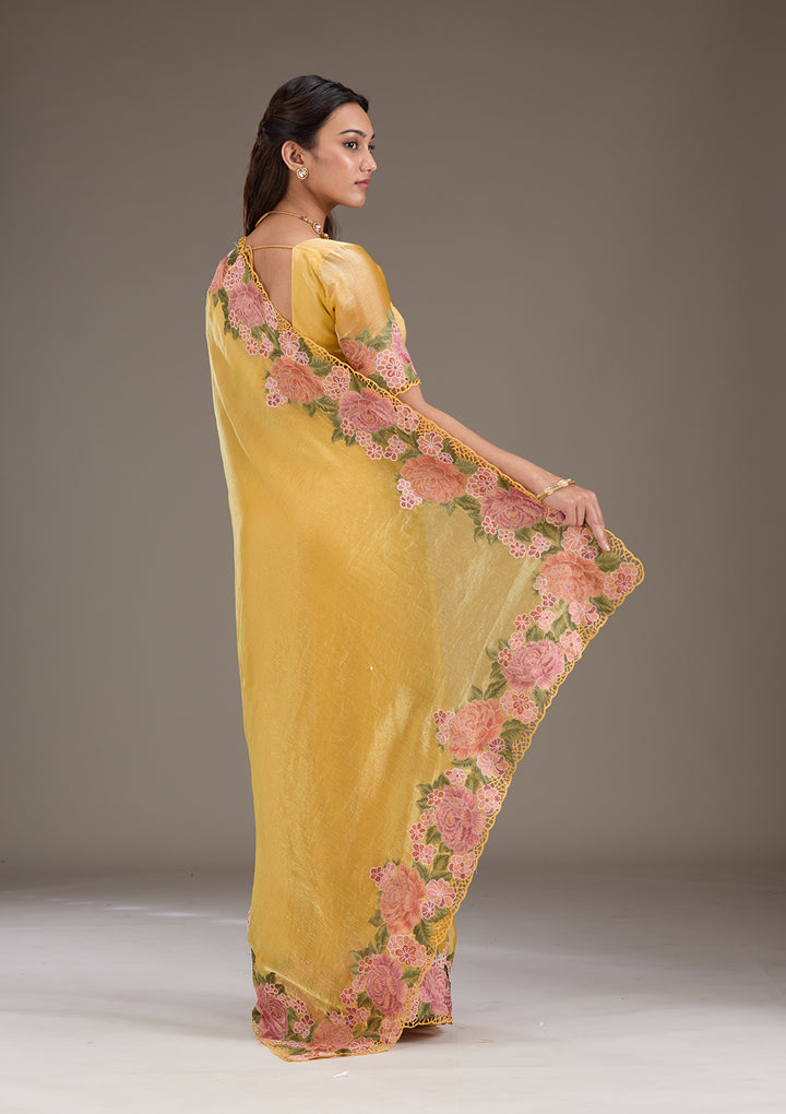 Mustard Threadwork Tissue Saree