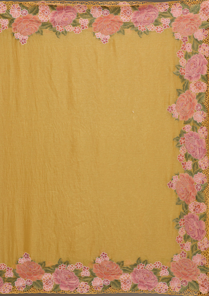 Mustard Threadwork Tissue Saree
