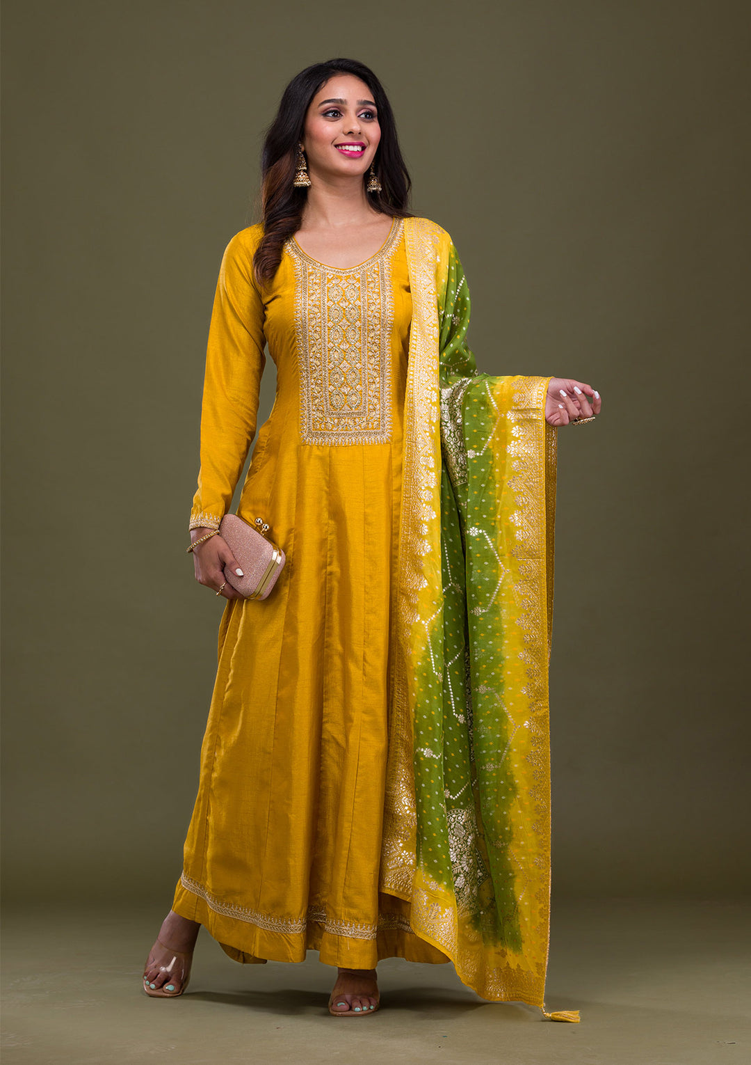 Mustard Zariwork Art Silk Readymade Anarkali Suit