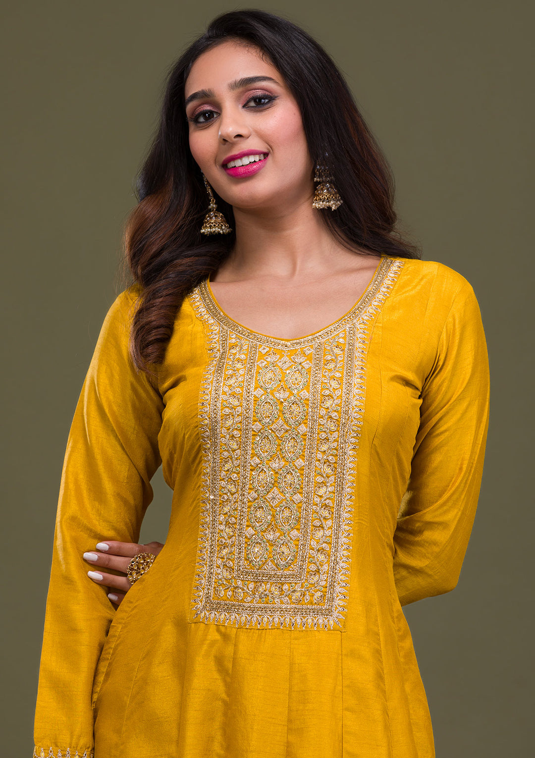 Mustard Zariwork Art Silk Readymade Anarkali Suit