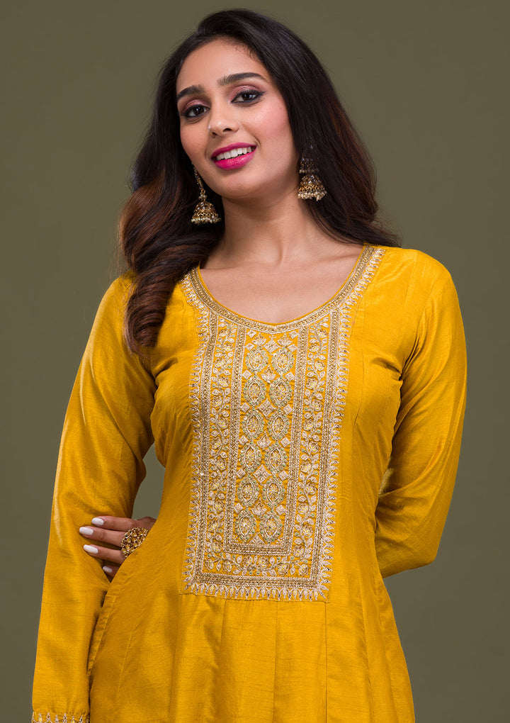 Mustard Zariwork Art Silk Readymade Anarkali Suit