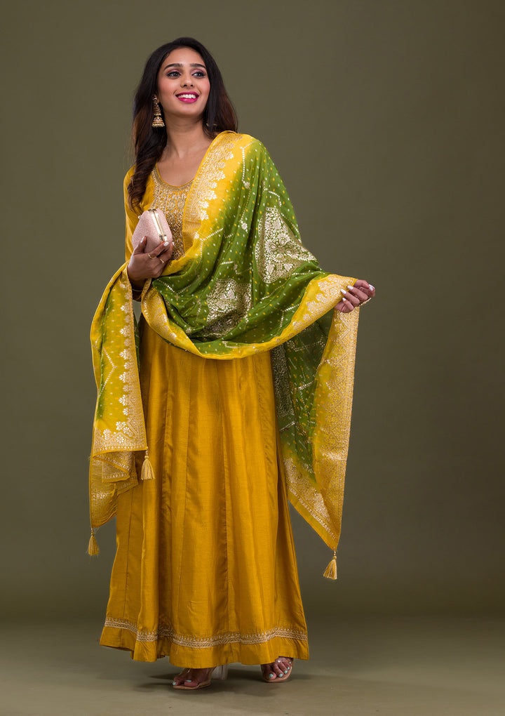 Mustard Zariwork Art Silk Readymade Anarkali Suit