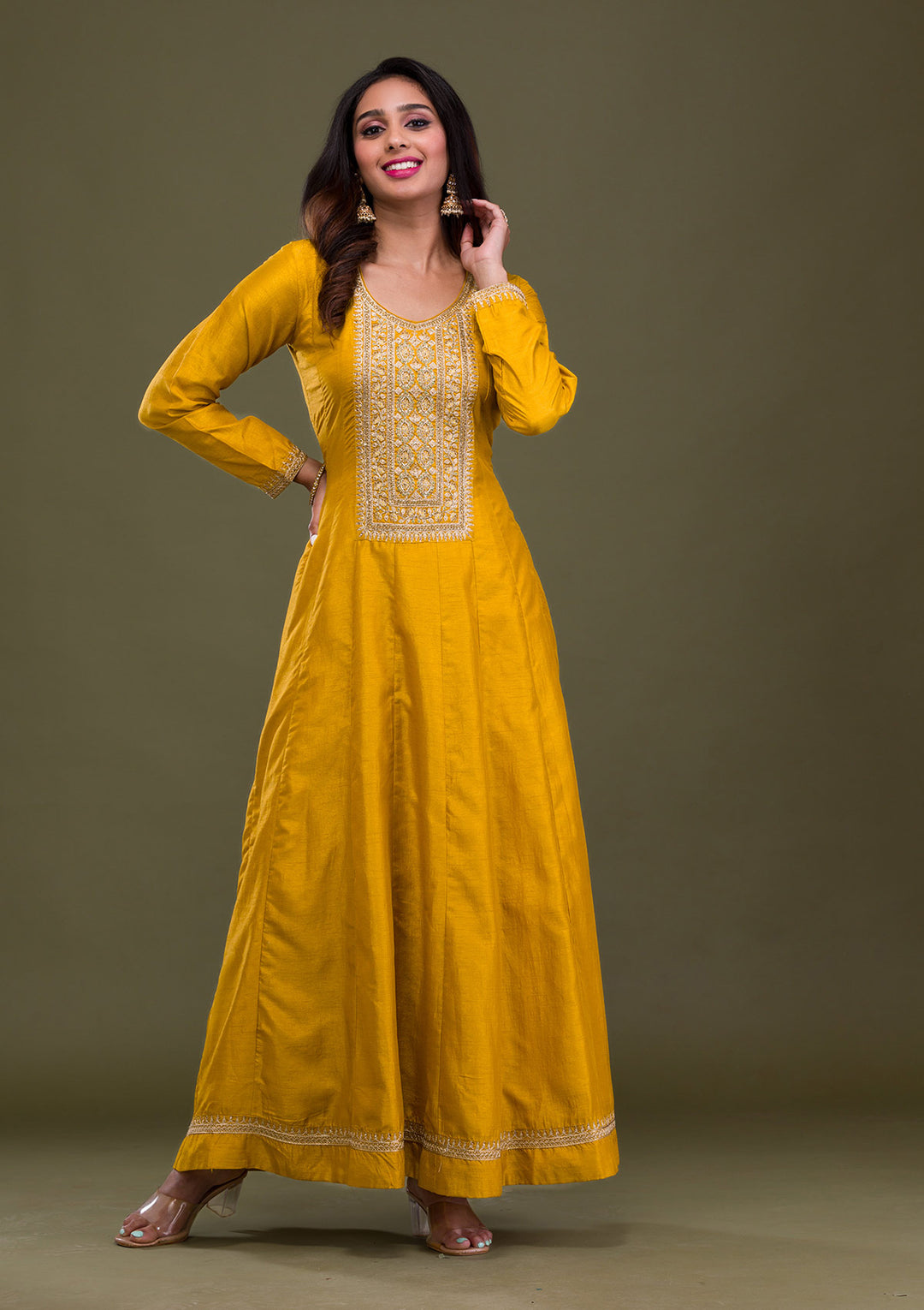 Mustard Zariwork Art Silk Readymade Anarkali Suit