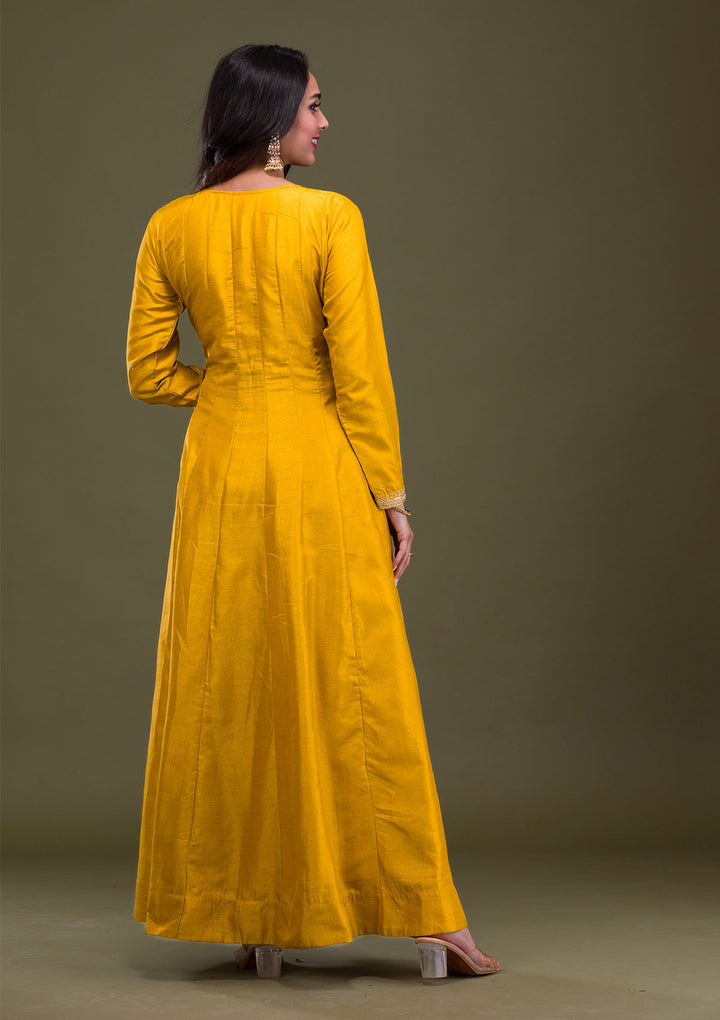 Mustard Zariwork Art Silk Readymade Anarkali Suit
