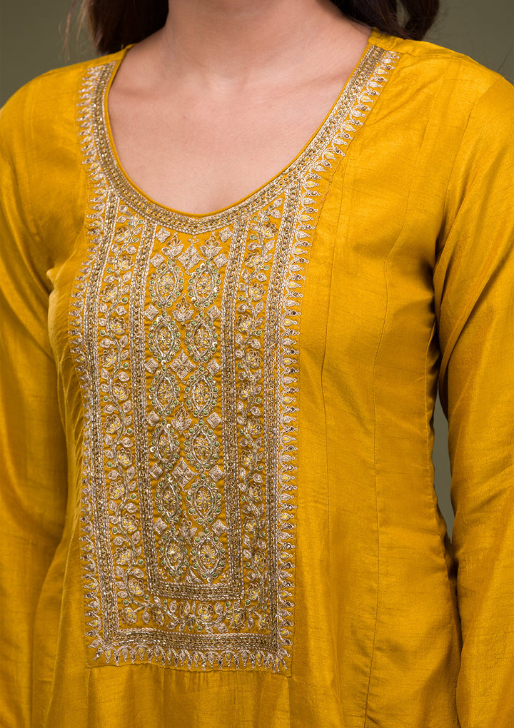 Mustard Zariwork Art Silk Readymade Anarkali Suit