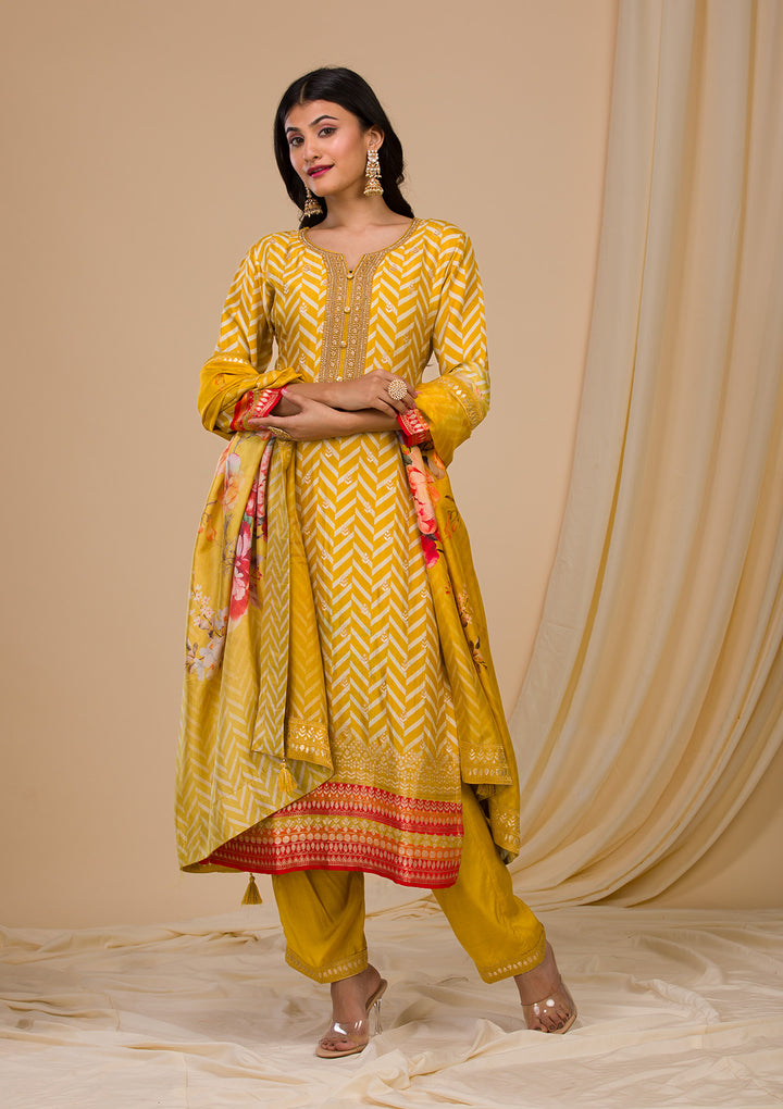Mustard Yellow Soft Raw Silk Gold Zariwork Straight Kurta With Regular Pant And Dupatta