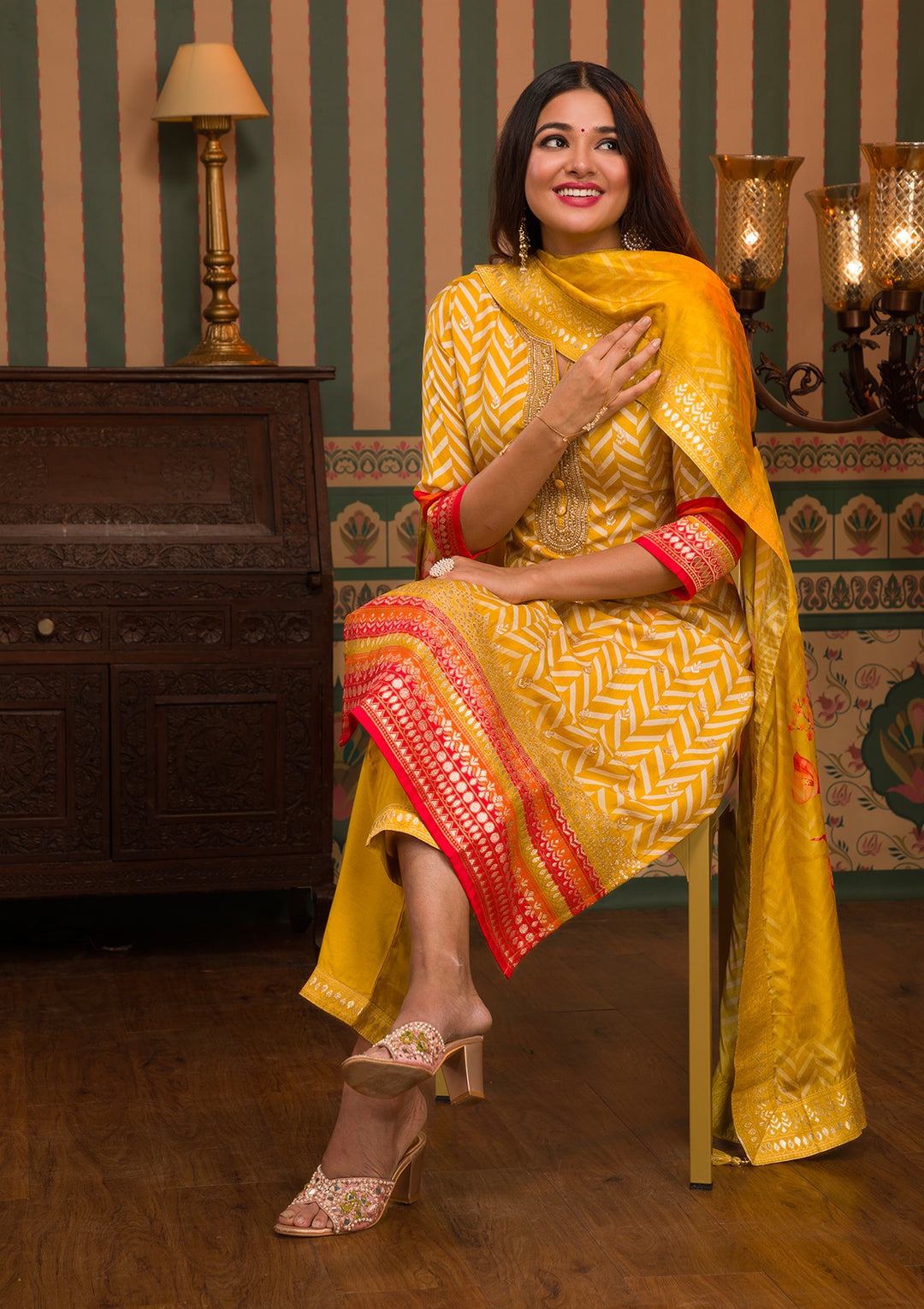 Mustard Yellow Soft Raw Silk Gold Zariwork Straight Kurta With Regular Pant And Dupatta