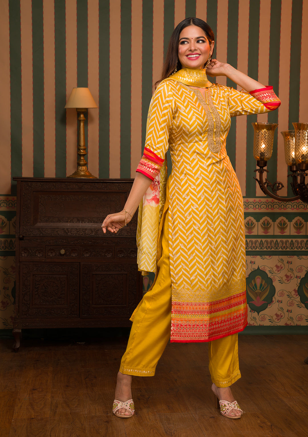 Mustard Yellow Soft Raw Silk Gold Zariwork Straight Kurta With Regular Pant And Dupatta