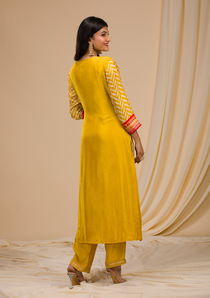 Mustard Yellow Soft Raw Silk Gold Zariwork Straight Kurta With Regular Pant And Dupatta
