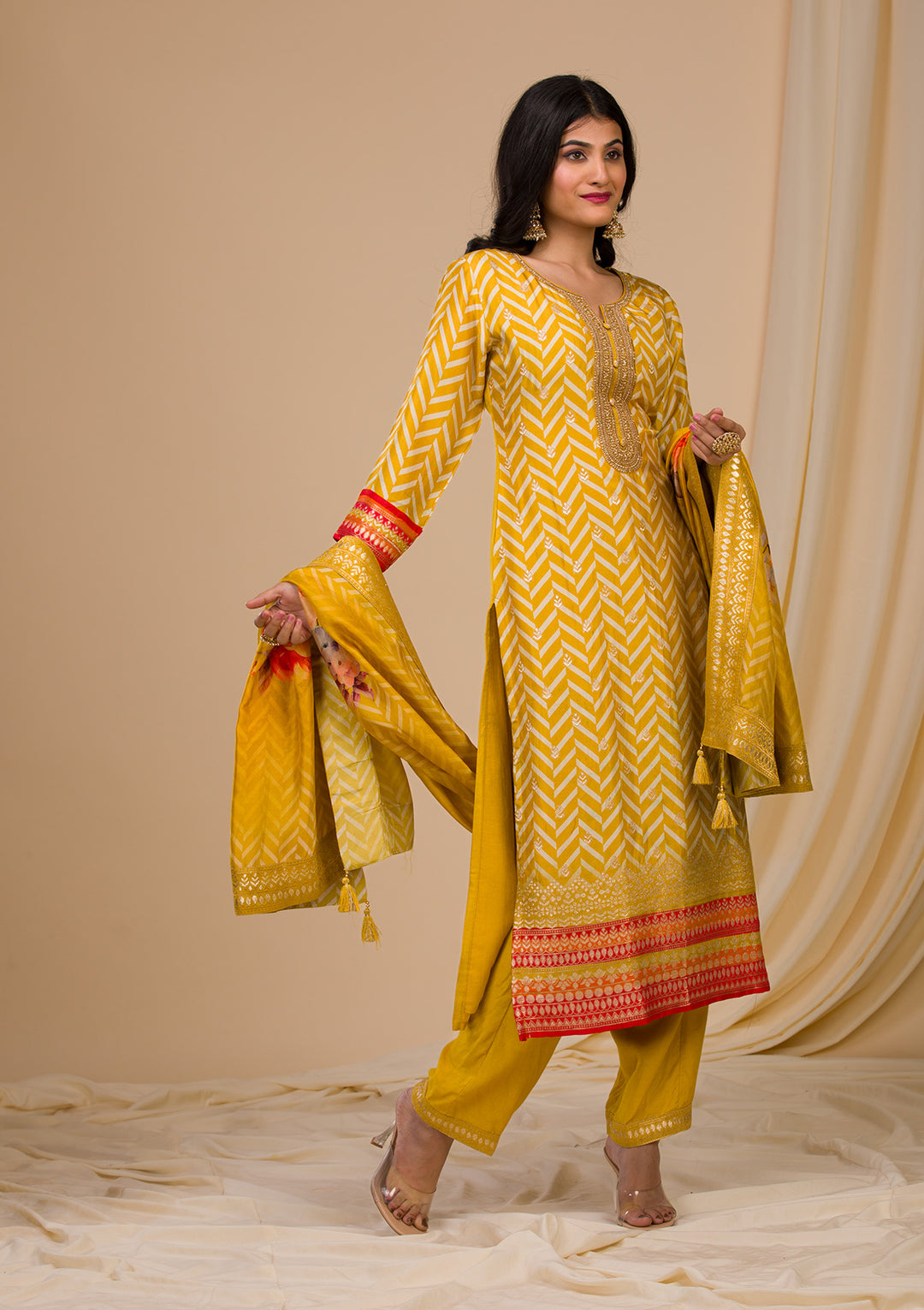 Mustard Yellow Soft Raw Silk Gold Zariwork Straight Kurta With Regular Pant And Dupatta