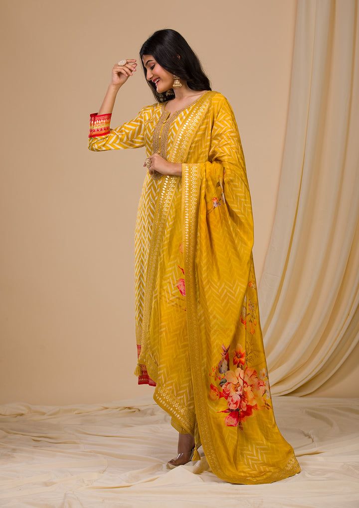 Mustard Yellow Soft Raw Silk Gold Zariwork Straight Kurta With Regular Pant And Dupatta