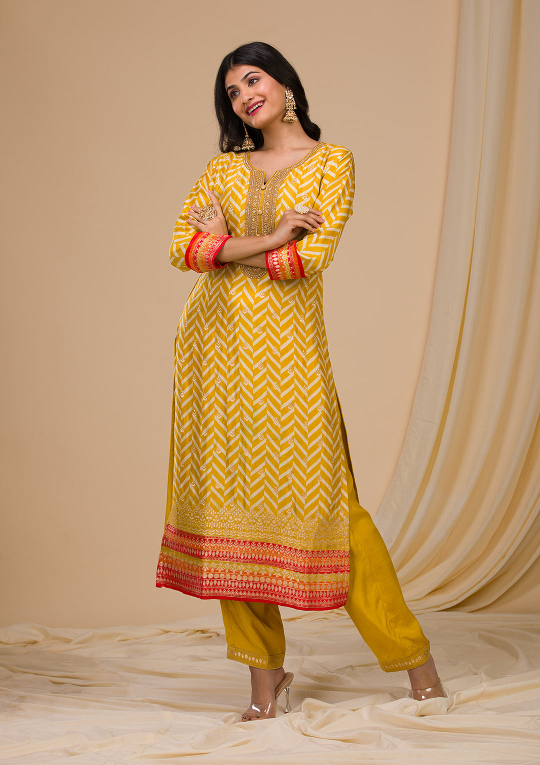 Mustard Yellow Soft Raw Silk Gold Zariwork Straight Kurta With Regular Pant And Dupatta