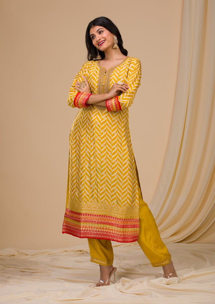 Mustard Yellow Soft Raw Silk Gold Zariwork Straight Kurta With Regular Pant And Dupatta