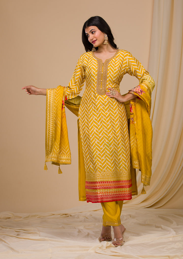 Mustard Yellow Soft Raw Silk Gold Zariwork Straight Kurta With Regular Pant And Dupatta