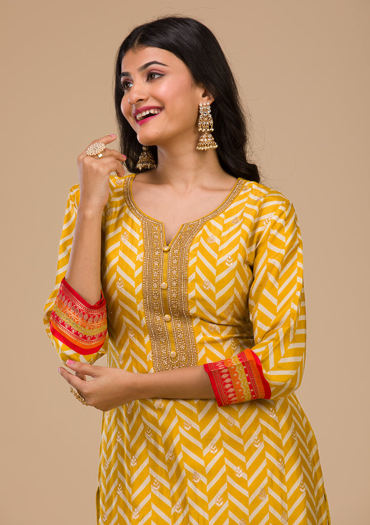Mustard Yellow Soft Raw Silk Gold Zariwork Straight Kurta With Regular Pant And Dupatta